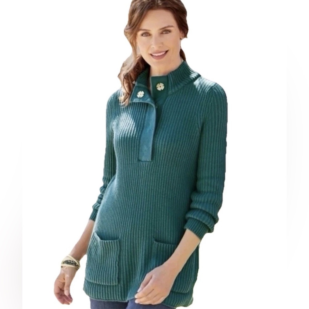 Soft Surroundings Sweater Tunic Highland Teal Ribbed Knit Mock Neck Sz M Pockets